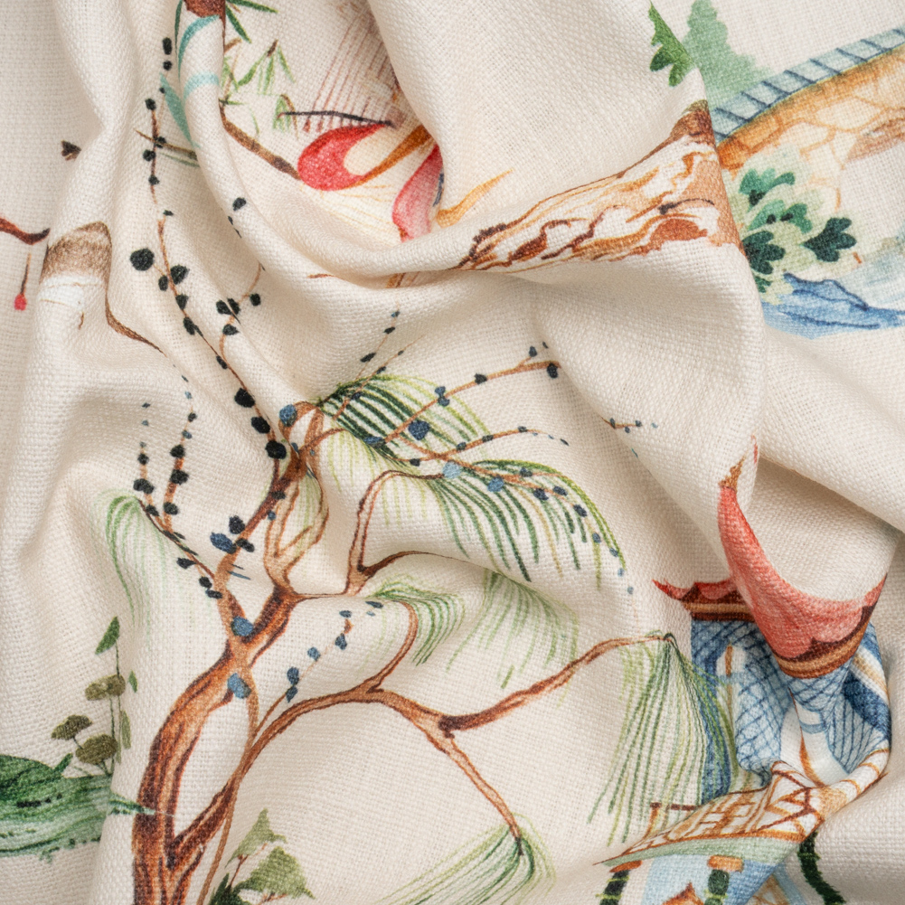 Blue, Green and Flax Japanese Gardens Slubbed Cotton Woven Blue, Green and Flax Japanese Gardens Slubbed Cotton Woven