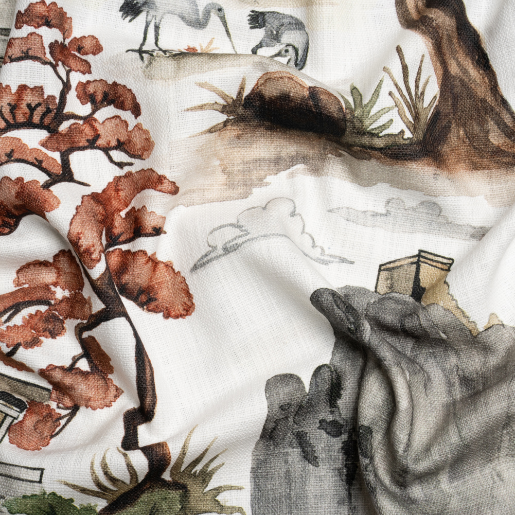 Gray, Rust and Green Pagodas and Mountains Slubbed Cotton Woven Gray, Rust and Green Pagodas and Mountains Slubbed Cotton Woven