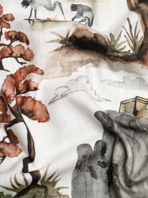 Gray, Rust and Green Pagodas and Mountains Slubbed Cotton Woven Gray, Rust and Green Pagodas and Mountains Slubbed Cotton Woven