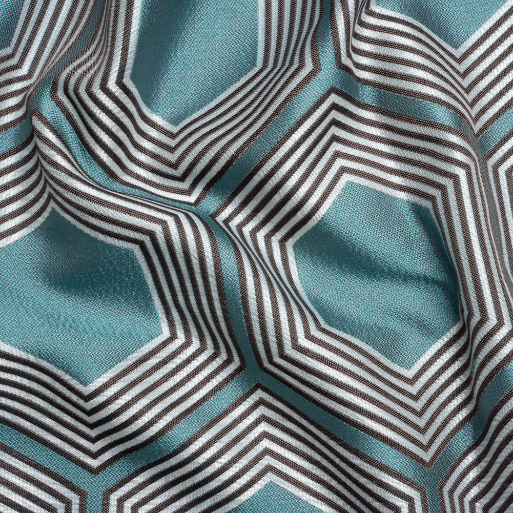Teal, Charcoal and Gray Reverberating Hexagons Polyester Jacquard Teal, Charcoal and Gray Reverberating Hexagons Polyester Jacquard