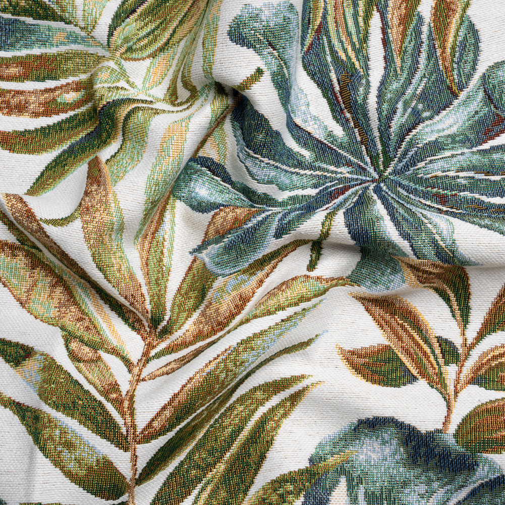 White and Green Tropical Leaves Polyester and Cotton Jacquard White and Green Tropical Leaves Polyester and Cotton Jacquard