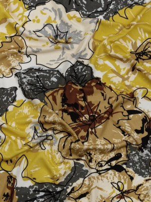 Yellow, Gold and Gray Loose Flowers and Leaves Silk Jersey Yellow, Gold and Gray Loose Flowers and Leaves Silk Jersey