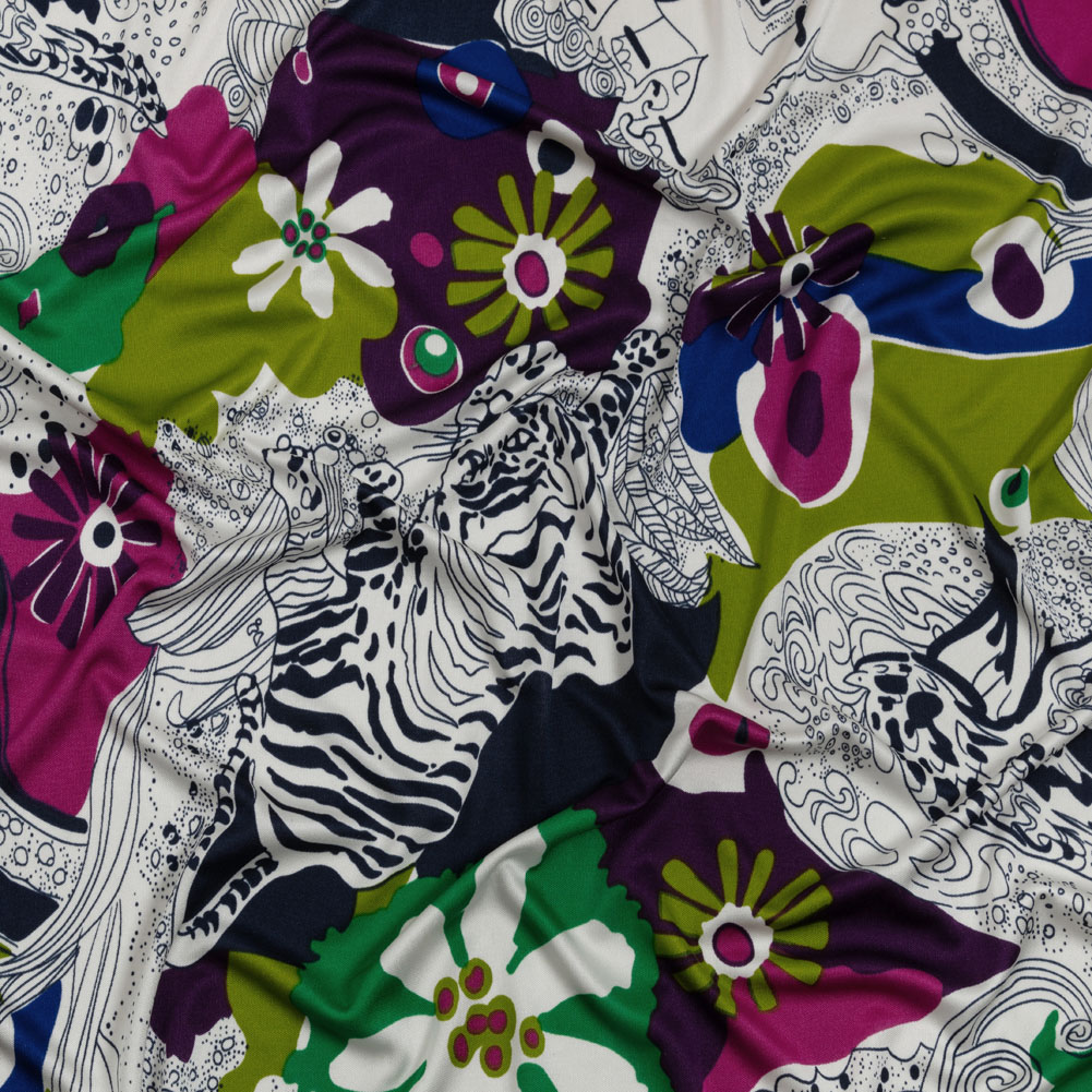 Magenta, Kiwi and Navy Flowers and Animal Sketches Silk Jersey Magenta, Kiwi and Navy Flowers and Animal Sketches Silk Jersey