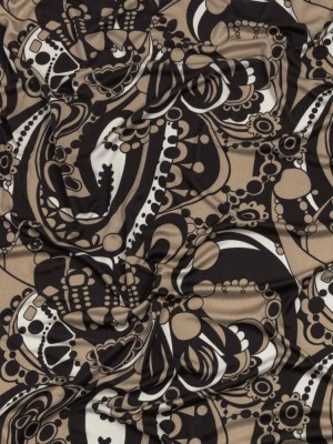 Chocolate, Tan and Whisper White Retro Flowers and Circles Silk Jersey Chocolate, Tan and Whisper White Retro Flowers and Circles Silk Jersey