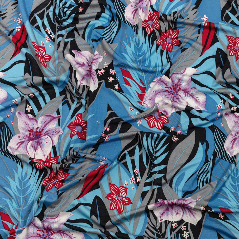 Blue, Red and Purple Tropical Flora Silk Jersey Blue, Red and Purple Tropical Flora Silk Jersey