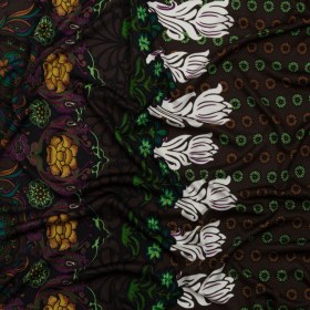 Brown, Green and Plum Waterlilies and Irises Border Silk Jersey Brown, Green and Plum Waterlilies and Irises Border Silk Jersey