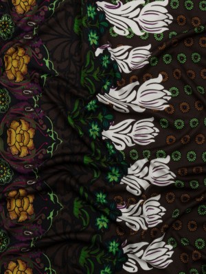 Brown, Green and Plum Waterlilies and Irises Border Silk Jersey Brown, Green and Plum Waterlilies and Irises Border Silk Jersey