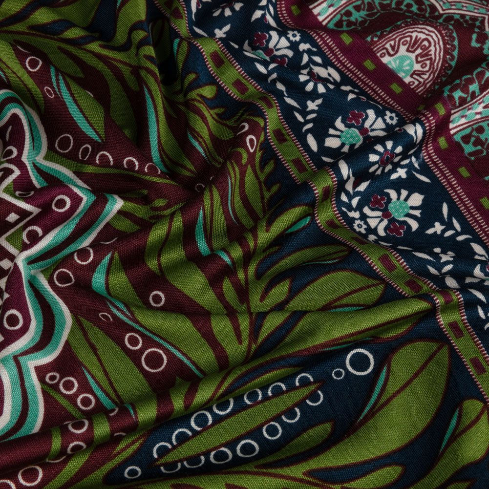 Burgundy, Green and Navy Palm Leaf Mandalas and Classical Stripe Border Silk Jersey Burgundy, Green and Navy Palm Leaf Mandalas and Classical Stripe Border Silk Jersey