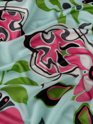 Aqua, Pink and Green Floral Flow Border Print Silk Jersey Aqua, Pink and Green Floral Flow Border Print Silk Jersey