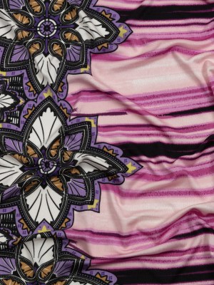 Rose Violet, Lilac and Black Onyx Stained Glass Flowers and Painterly Stripes Silk Jersey Rose Violet, Lilac and Black Onyx Stained Glass Flowers and Painterly Stripes Silk Jersey