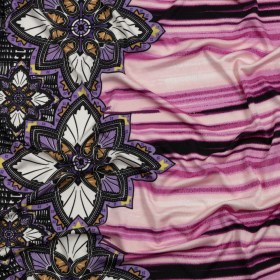 Rose Violet, Lilac and Black Onyx Stained Glass Flowers and Painterly Stripes Silk Jersey Rose Violet, Lilac and Black Onyx Stained Glass Flowers and Painterly Stripes Silk Jersey