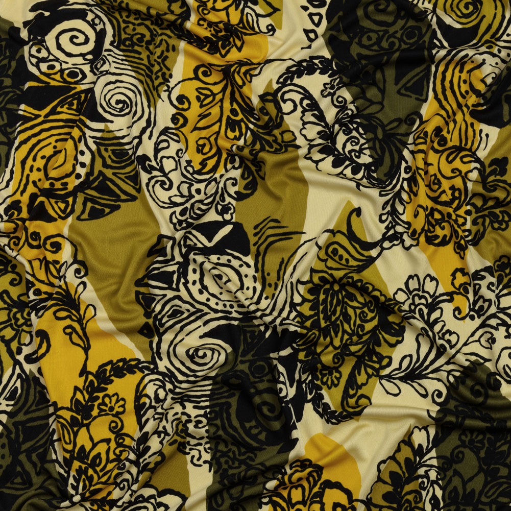 Olive, Goldenrod, and Kiwi Diamonds and Floral Outlines Silk Jersey Olive, Goldenrod, and Kiwi Diamonds and Floral Outlines Silk Jersey