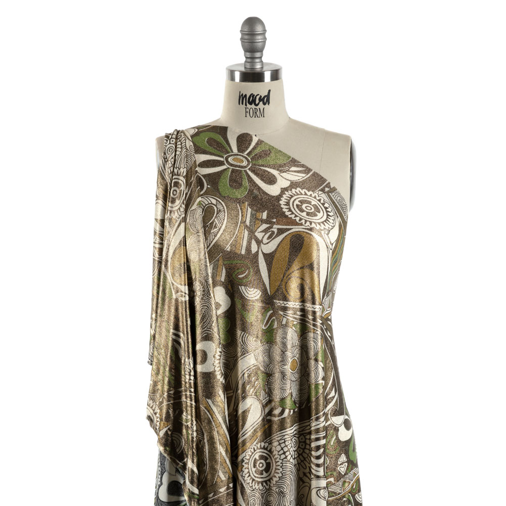 Green, Olive and Black Retro Floral SIlk Jersey with Gold Foil Green, Olive and Black Retro Floral SIlk Jersey with Gold Foil