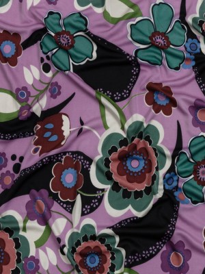 Lilac, Teal and Rust Floral Border Stripe Silk Jersey Lilac, Teal and Rust Floral Border Stripe Silk Jersey