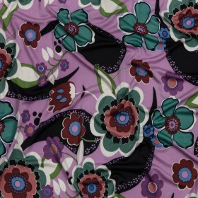 Lilac, Teal and Rust Floral Border Stripe Silk Jersey Lilac, Teal and Rust Floral Border Stripe Silk Jersey