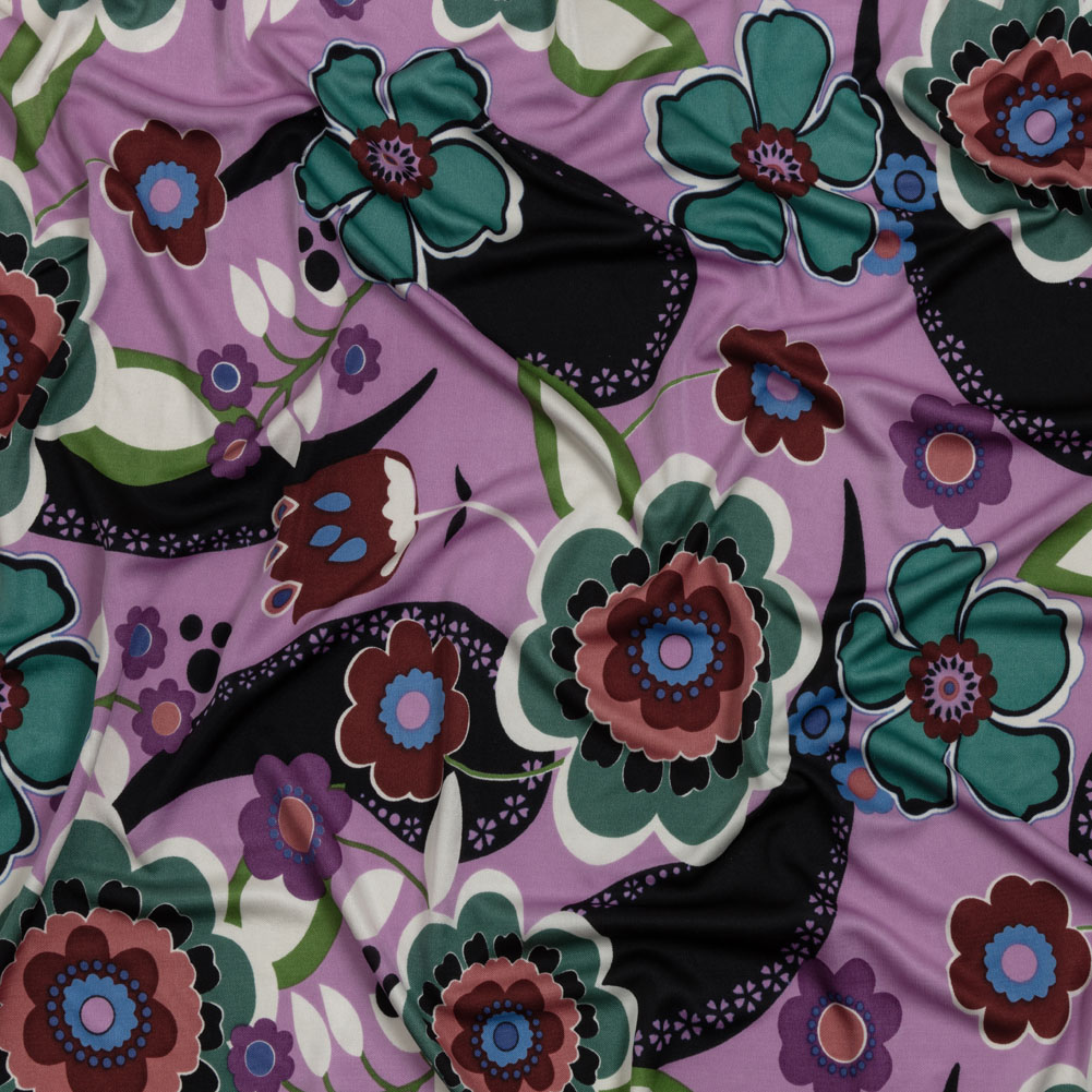 Lilac, Teal and Rust Floral Border Stripe Silk Jersey Lilac, Teal and Rust Floral Border Stripe Silk Jersey