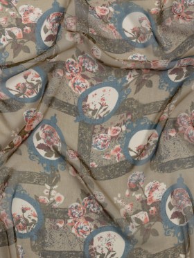 Olive, Blue and Pink Flowers and Frames Silk Chiffon Olive, Blue and Pink Flowers and Frames Silk Chiffon