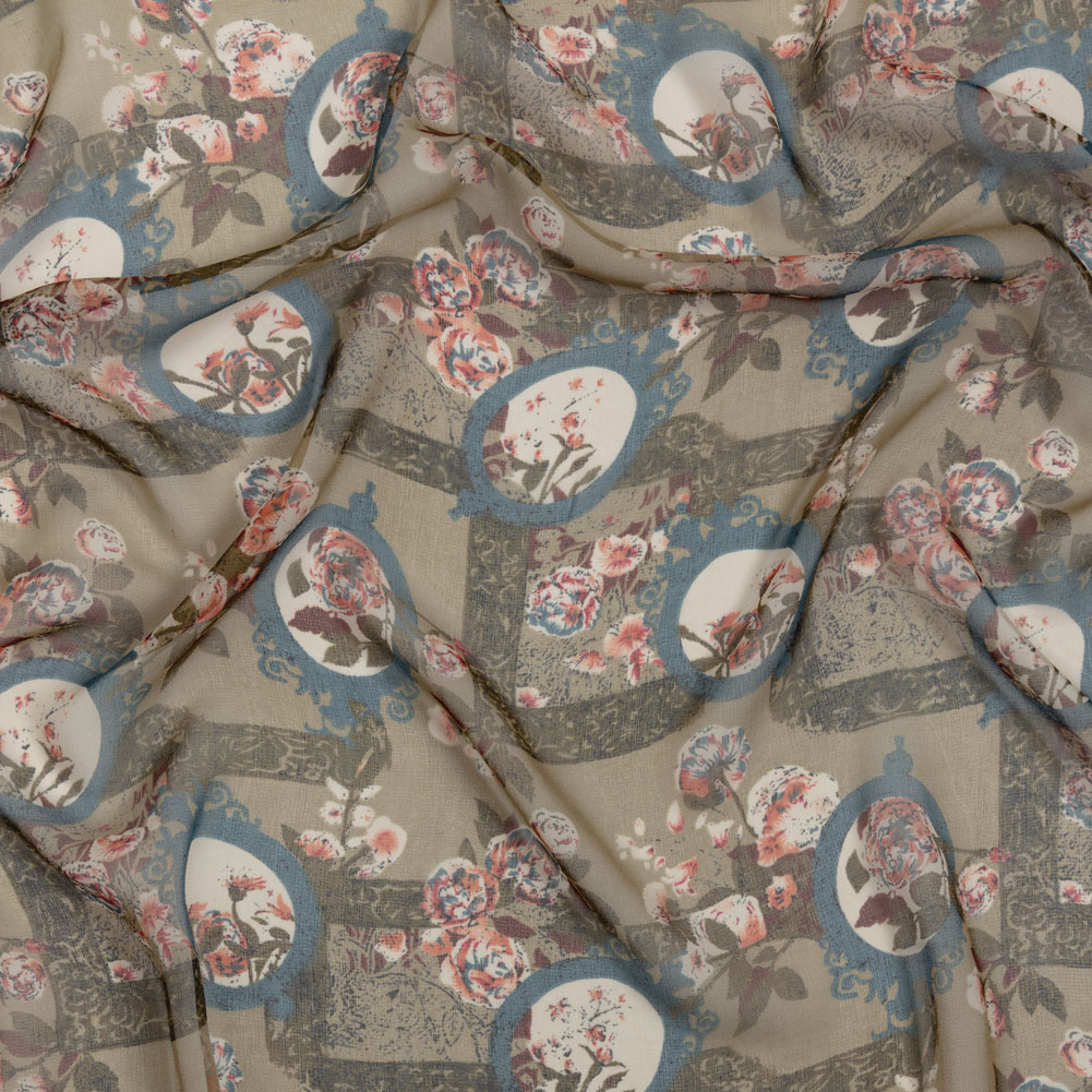 Olive, Blue and Pink Flowers and Frames Silk Chiffon Olive, Blue and Pink Flowers and Frames Silk Chiffon