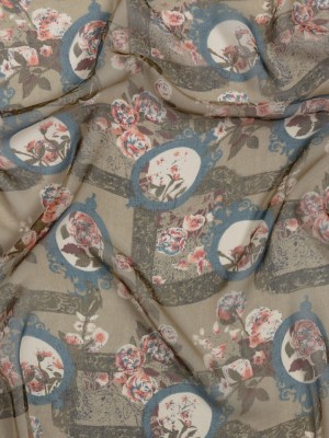 Olive, Blue and Pink Flowers and Frames Silk Chiffon Olive, Blue and Pink Flowers and Frames Silk Chiffon
