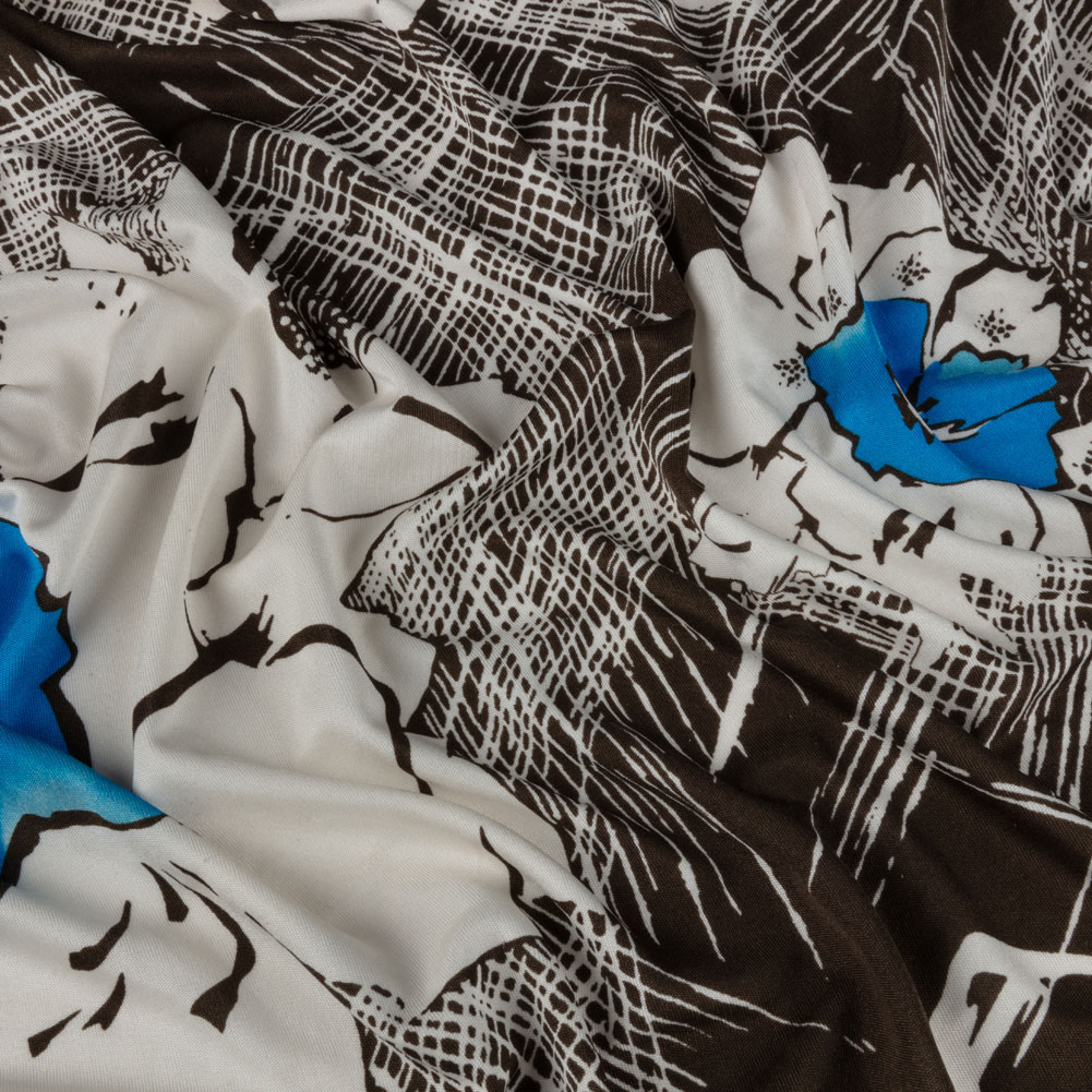 Dark Brown, Bright Blue and Cream Flowers and Crosshatching Silk Jersey Dark Brown, Bright Blue and Cream Flowers and Crosshatching Silk Jersey
