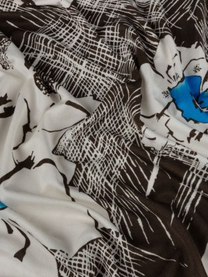 Dark Brown, Bright Blue and Cream Flowers and Crosshatching Silk Jersey Dark Brown, Bright Blue and Cream Flowers and Crosshatching Silk Jersey