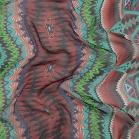 Bright Aqua, Red, and Lime Geometric Stripes Crinkled Silk Chiffon Bright Aqua, Red, and Lime Geometric Stripes Crinkled Silk Chiffon