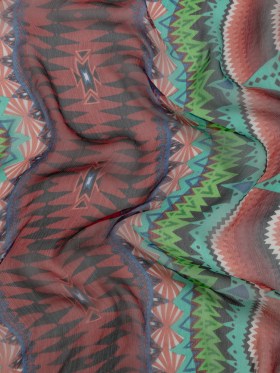 Bright Aqua, Red, and Lime Geometric Stripes Crinkled Silk Chiffon Bright Aqua, Red, and Lime Geometric Stripes Crinkled Silk Chiffon