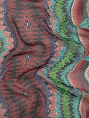 Bright Aqua, Red, and Lime Geometric Stripes Crinkled Silk Chiffon Bright Aqua, Red, and Lime Geometric Stripes Crinkled Silk Chiffon