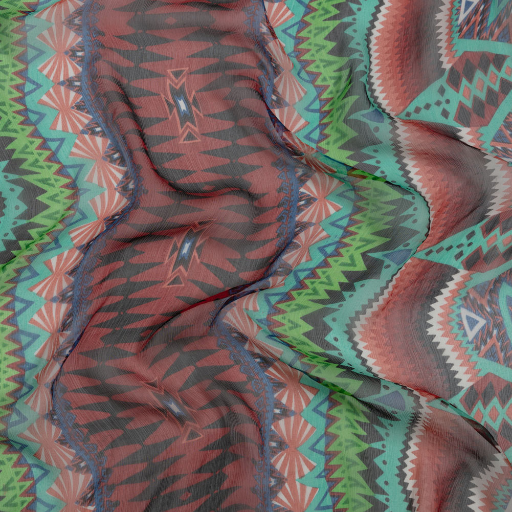 Bright Aqua, Red, and Lime Geometric Stripes Crinkled Silk Chiffon Bright Aqua, Red, and Lime Geometric Stripes Crinkled Silk Chiffon