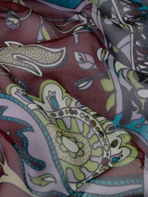 Wine, Turquoise and Lime Florals and Border Stripes Silk Chiffon Wine, Turquoise and Lime Florals and Border Stripes Silk Chiffon