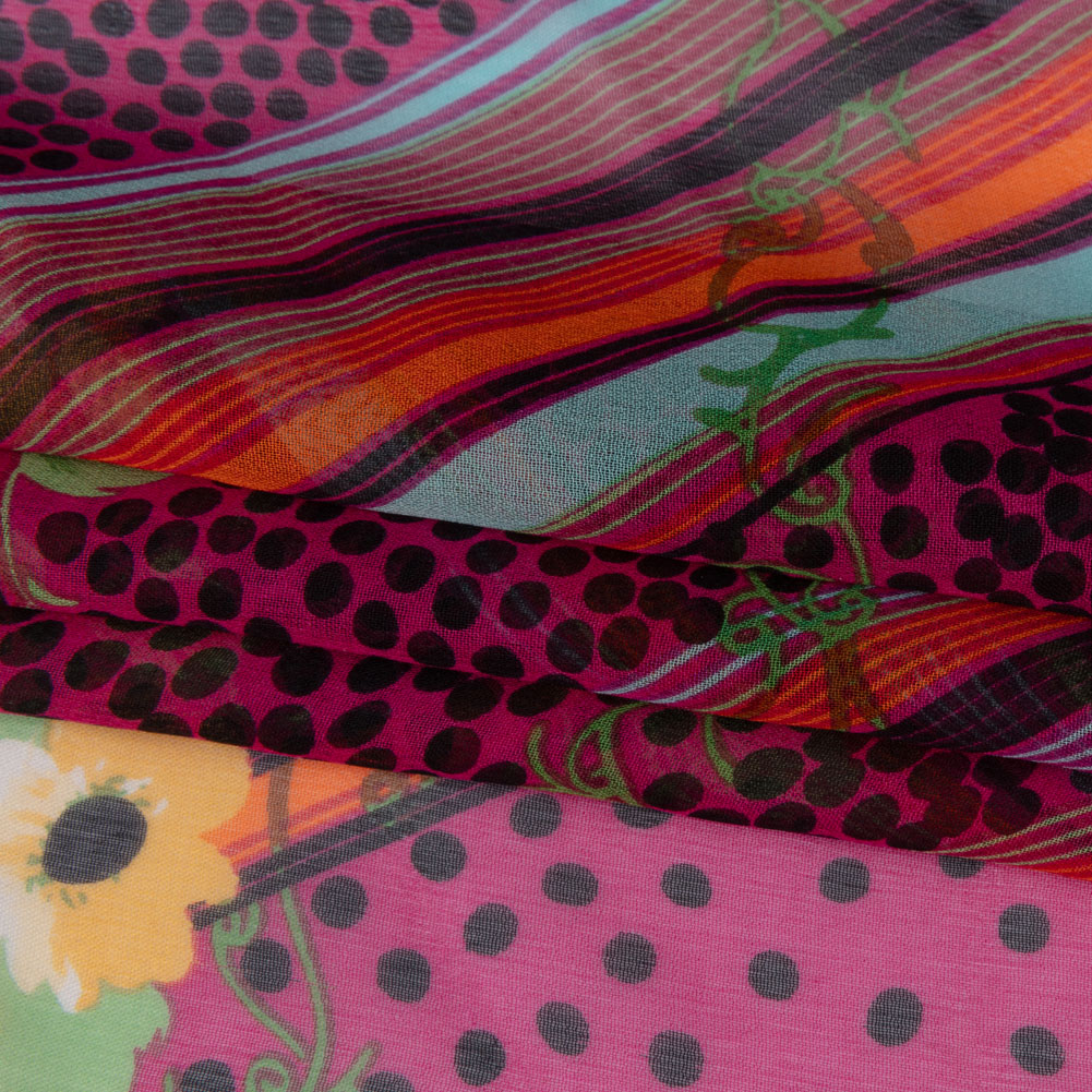 Hot Pink, Yellow and Green Stripes, Spots and Flowers Silk Chiffon Hot Pink, Yellow and Green Stripes, Spots and Flowers Silk Chiffon