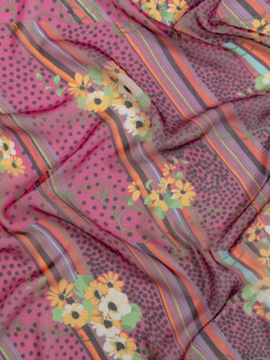 Hot Pink, Yellow and Green Stripes, Spots and Flowers Silk Chiffon Hot Pink, Yellow and Green Stripes, Spots and Flowers Silk Chiffon