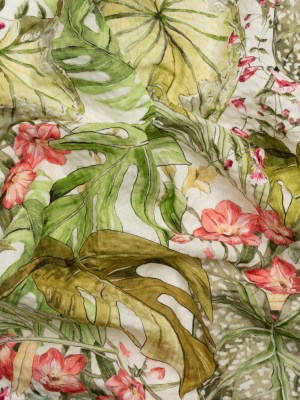 Cotton and Viscose Striped Seersucker Print – White, Green and Pink Tropical Leaves and Flowers – Mood Exclusive Monstera Mambo Cotton and Viscose Striped Seersucker Print – White, Green and Pink Tropical Leaves and Flowers – Mood Exclusive Monstera Mambo