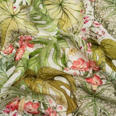 Cotton and Viscose Striped Seersucker Print – White, Green and Pink Tropical Leaves and Flowers – Mood Exclusive Monstera Mambo Cotton and Viscose Striped Seersucker Print – White, Green and Pink Tropical Leaves and Flowers – Mood Exclusive Monstera Mambo