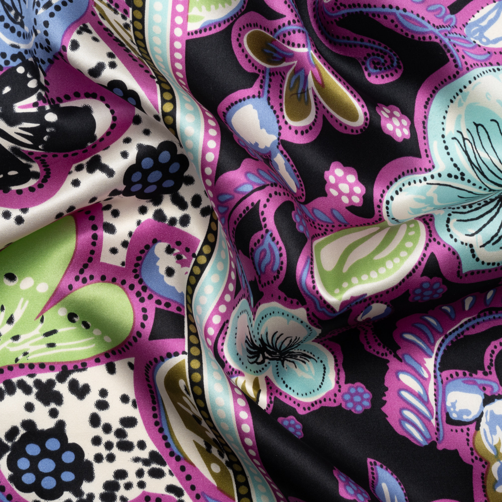 Magenta, Sky Blue and Black Floral Stripes Silk Charmeuse Magenta, Sky Blue and Black Floral Stripes Silk Charmeuse