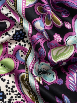 Magenta, Sky Blue and Black Floral Stripes Silk Charmeuse Magenta, Sky Blue and Black Floral Stripes Silk Charmeuse