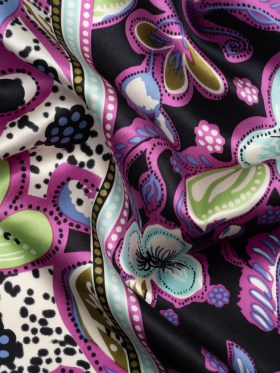 Magenta, Sky Blue and Black Floral Stripes Silk Charmeuse Magenta, Sky Blue and Black Floral Stripes Silk Charmeuse
