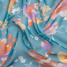 Teal, Orange and Purple Floral Silk Chiffon Teal, Orange and Purple Floral Silk Chiffon
