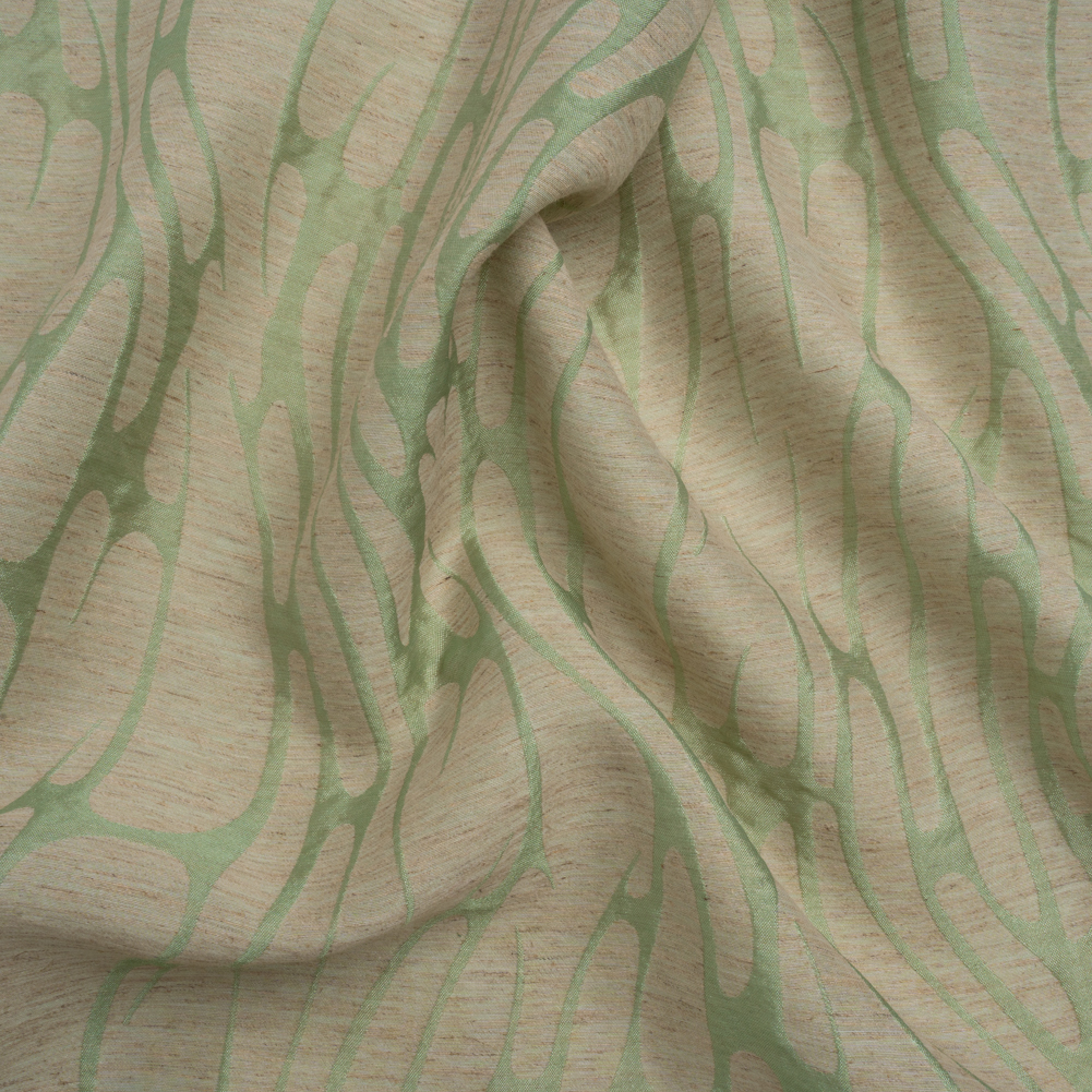 Luminous Sage Green and Heathered Beige Ripples Lightweight Polyester and Linen Brocade Luminous Sage Green and Heathered Beige Ripples Lightweight Polyester and Linen Brocade
