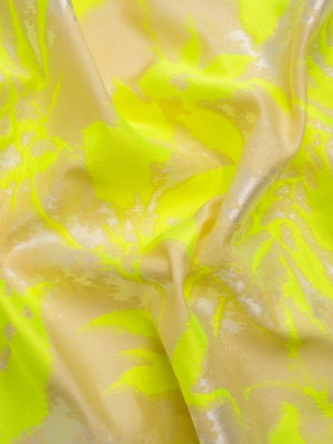 Neon Yellow, White and Beige Soft Leaves Lightweight Polyester and Viscose Luxury Brocade Neon Yellow, White and Beige Soft Leaves Lightweight Polyester and Viscose Luxury Brocade