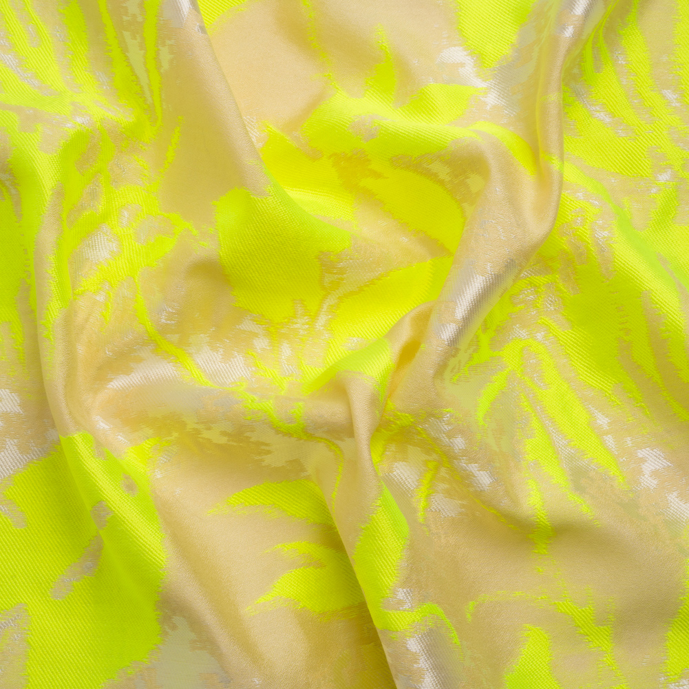 Neon Yellow, White and Beige Soft Leaves Lightweight Polyester and Viscose Luxury Brocade Neon Yellow, White and Beige Soft Leaves Lightweight Polyester and Viscose Luxury Brocade