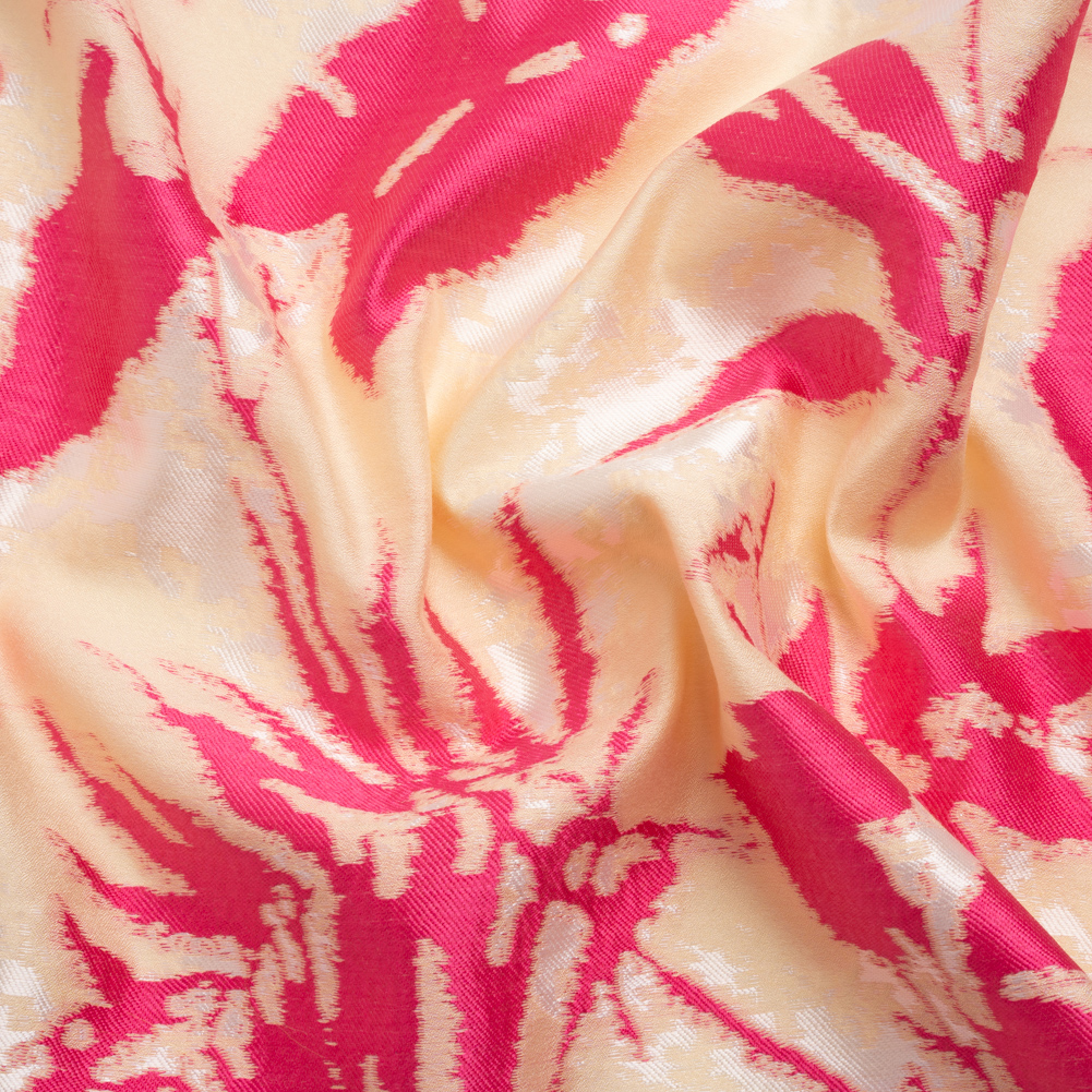 Hot Pink, White and Beige Soft Leaves Lightweight Polyester and Viscose Luxury Brocade Hot Pink, White and Beige Soft Leaves Lightweight Polyester and Viscose Luxury Brocade