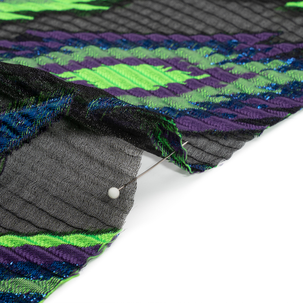 Metallic Blue, Purple and Lime Exploding Stars Ribbed Luxury Burnout Brocade Metallic Blue, Purple and Lime Exploding Stars Ribbed Luxury Burnout Brocade