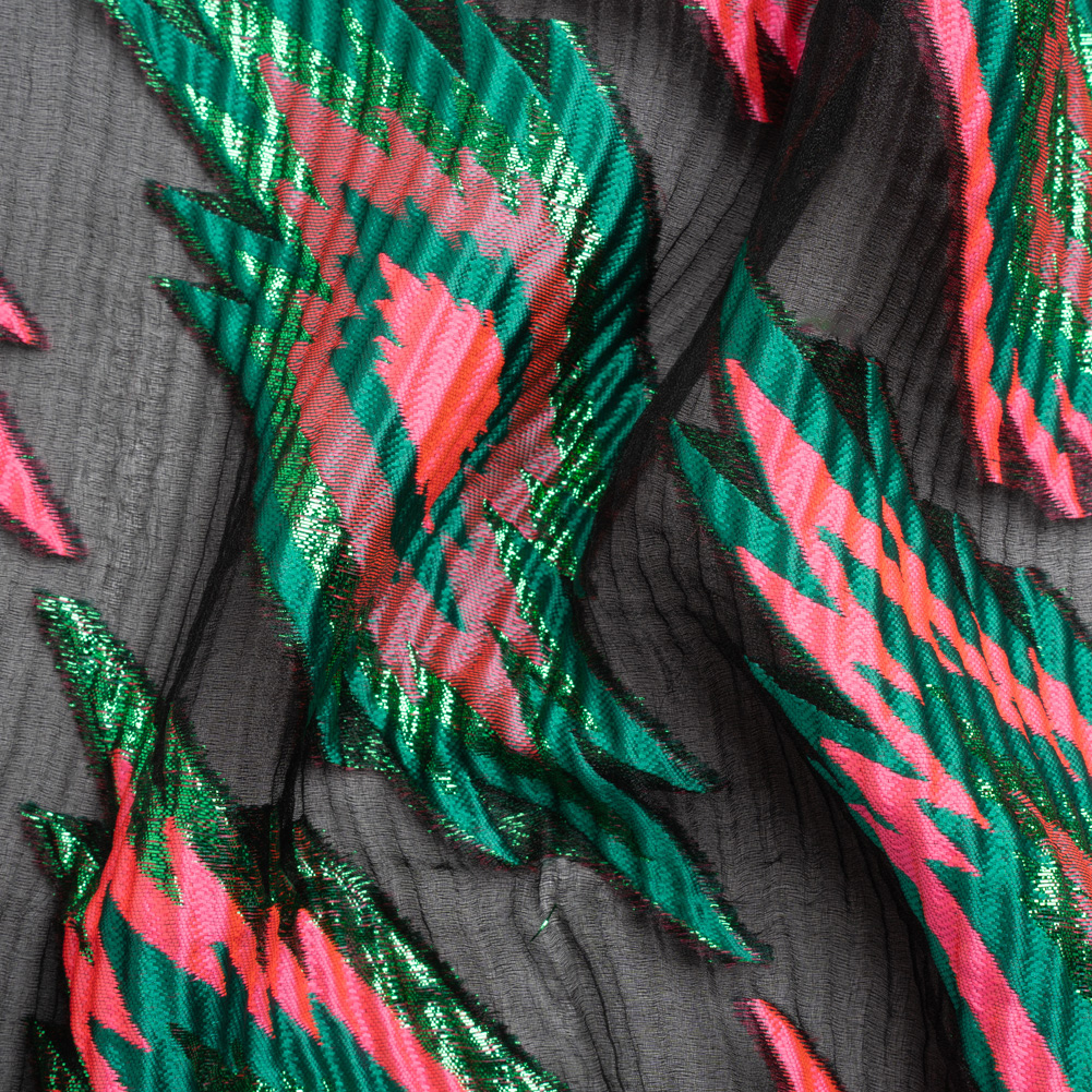 Metallic Green, Hot Pink and Black Exploding Stars Ribbed Luxury Burnout Brocade Metallic Green, Hot Pink and Black Exploding Stars Ribbed Luxury Burnout Brocade