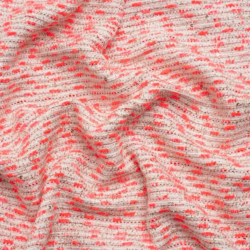 Chenille Woven with Sequins and Eyelash Fringe – White, Neon Pink and Metallic Gold Chenille Woven with Sequins and Eyelash Fringe – White, Neon Pink and Metallic Gold