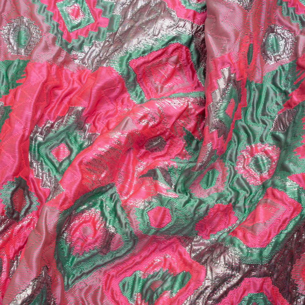 Metallic Silver, Hot Pink and Sea Green Diamond Skies Luxury Brocade Metallic Silver, Hot Pink and Sea Green Diamond Skies Luxury Brocade