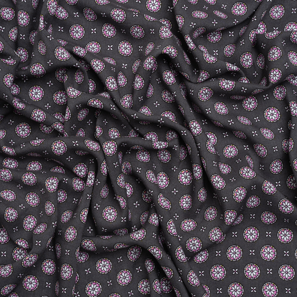 Rayon Batiste – Charcoal Gray and Lilac Floral Medallions Rayon Batiste – Charcoal Gray and Lilac Floral Medallions