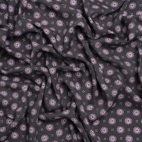 Rayon Batiste – Charcoal Gray and Lilac Floral Medallions Rayon Batiste – Charcoal Gray and Lilac Floral Medallions