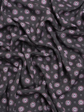 Rayon Batiste – Charcoal Gray and Lilac Floral Medallions Rayon Batiste – Charcoal Gray and Lilac Floral Medallions