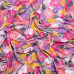 Stretch Rayon Jersey – Pink, Purple and Yellow Floral Stretch Rayon Jersey – Pink, Purple and Yellow Floral